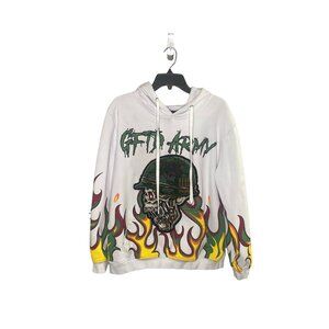 GFTD Zander Army Hoodie Mens White Long Sleeve Skeleton Helmet Flames sz Medium